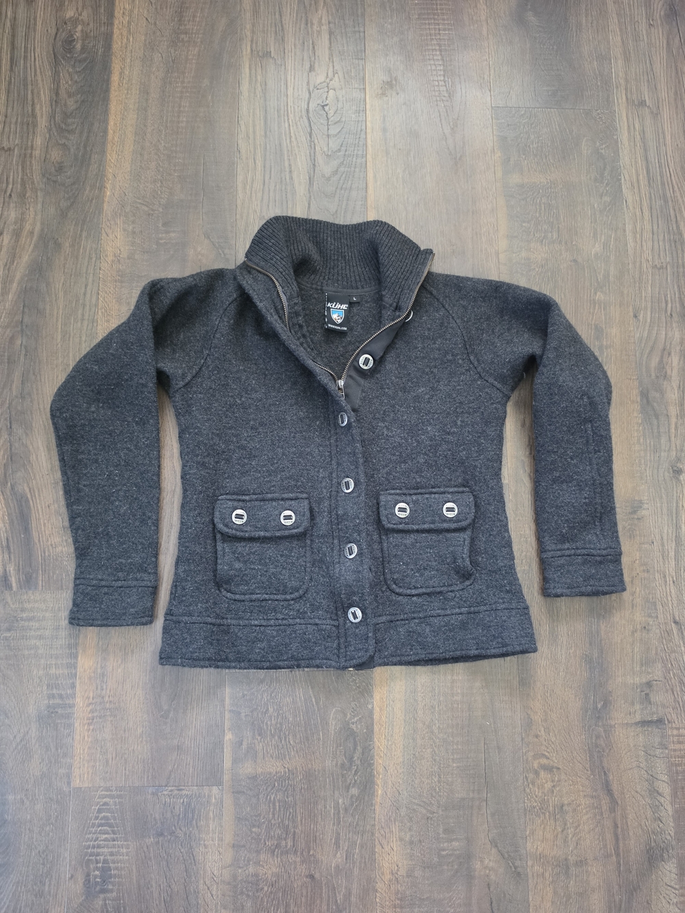 KUHL Spy 100% Merino Wool Gray Zip Snap Cardigan Jacket Women’s Size Large